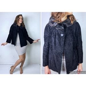 vintage 40s blk Luxe PERSIAN LAMB real Mink FUR Swing Coat Large film noir mcm